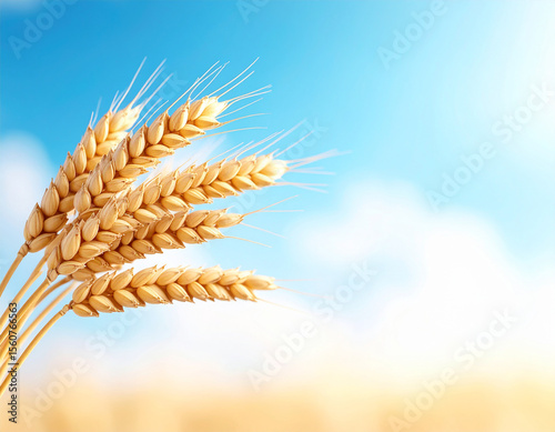 Wheat ears against a blue sky. Golden wheat ears shine against a clear blue sky. The image appears fresh, bright, and full of natural energy.