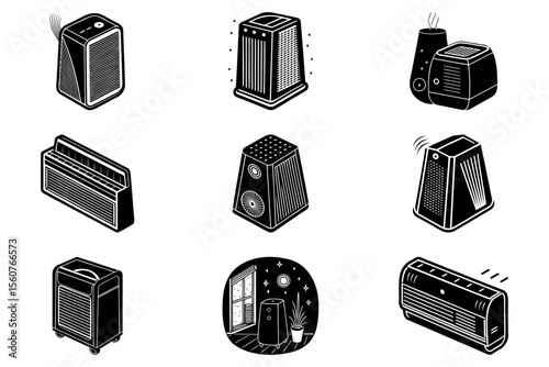 Diverse collection of air purification and conditioning device vector illustrations