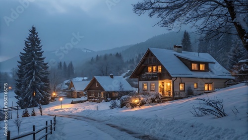 Snowy village scene with houses and trees illuminated at twilight in a winter landscape view - ai generated
