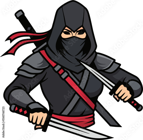 Vector Illustration of Female Ninja Assassin in Combat Pose with Dual Swords