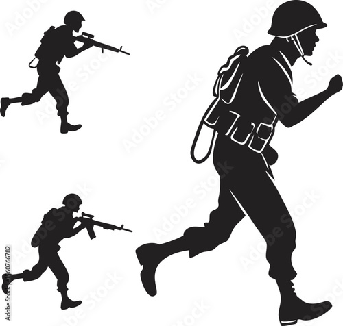 Dynamic group of soldiers in silhouette running forward representing teamwork military action and athletic movement in a modern graphic design