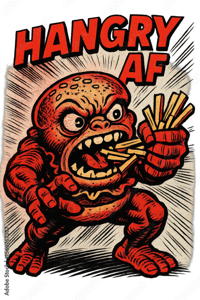 Obraz premium A vibrantly colored, retro-style monster character, embodying the 'hangry' emotion, aggressively devouring a handful of french fries in a dynamic, illustrative scene with a distressed texture.