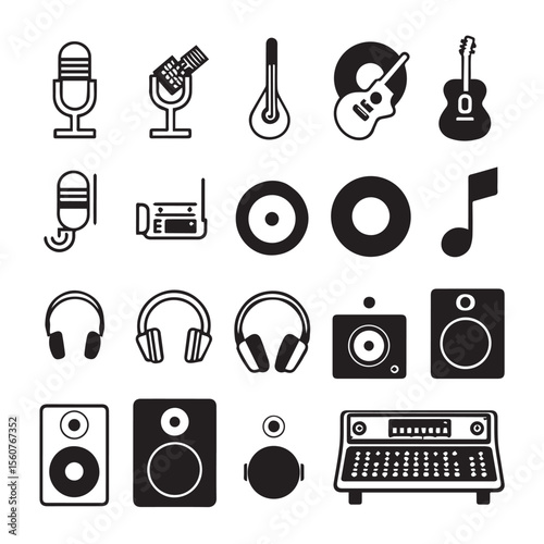 Black and White Music Icon Set Featuring Instruments and Audio Equipment