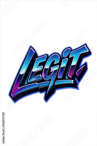 Vibrant 'Legit' text: Retro-futuristic design featuring bold, glossy typography with a gradient of neon blue and purple, outlined in black and glowing blue, evoking 80s vaporwave aesthetics.