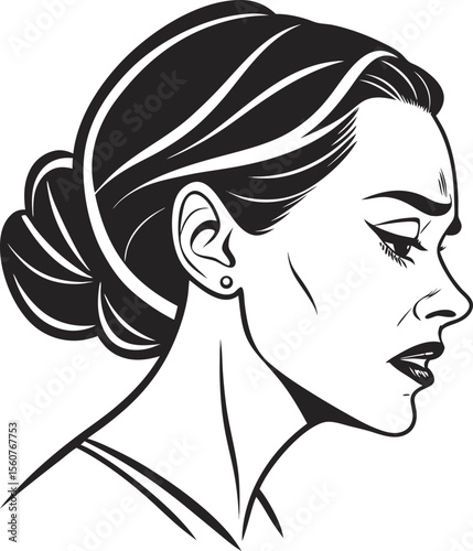 A distressed woman depicted in a minimalist black and white line art style conveying emotions of sadness frustration or disappointment through her posture and facial expression