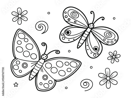 Butterflies and shapes, cute design with flowers, coloring sheet suitable for kids or adults