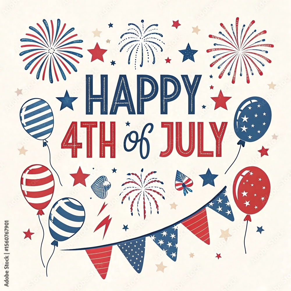 Obraz premium Happy 4th of July Typography – Independence Day Text Design PNG