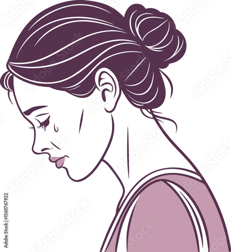 Sad and upset woman in profile depicted as a flat vector graphic suitable for banners and advertisements conveying negative emotions or personal struggles
