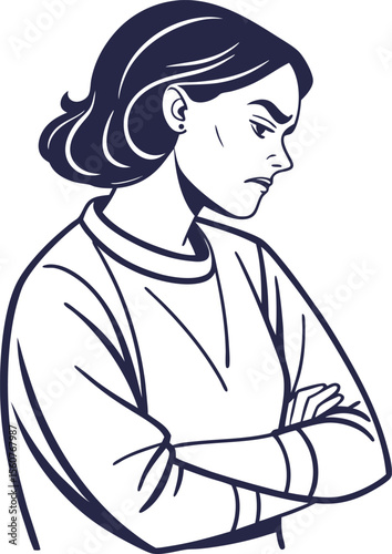 Simplified vector portrait of an upset woman conveying negative emotion and distress isolated on a white background for versatile design applications