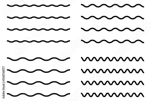 wavy zigzag stroke lines pattern. Vector line border, wave ripple, zigzag, borders. Wavy, curvy lines template. Simple undulate borders, transverse horizontal lines. Sine, fluid, air, wind sign.