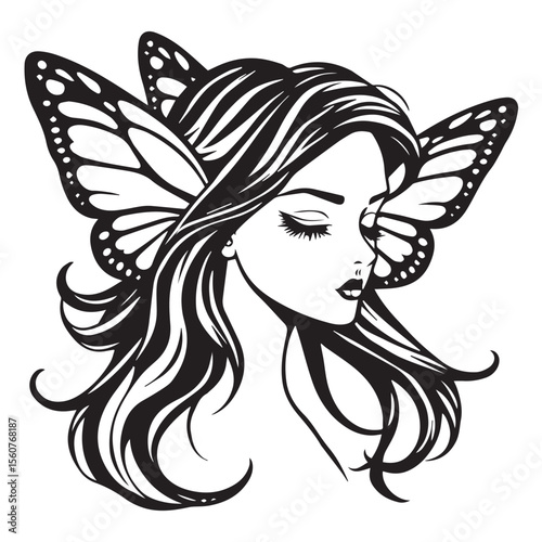 Elegant Woman with Butterfly Wings in Hair Black and White Illustration