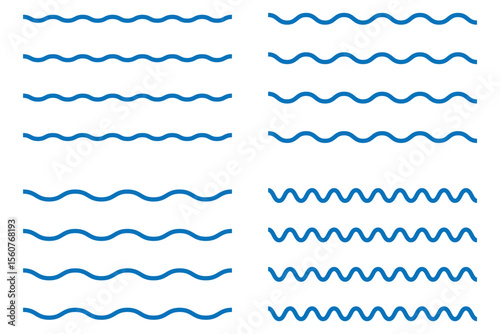 Wave line and wavy zigzag lines. Vector blue underlines, smooth end squiggly horizontal, squiggles. Wavy, waving, line. Vector zigzag and wavy horizontal underline. Vector line border, wave ripple.