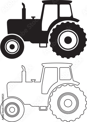 Tractor silhouette and outline icon sets, agricultural farm vehicle