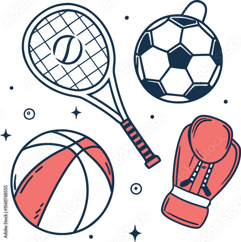 Comprehensive collection of diverse sports equipment icons perfect for fitness athletic events and recreational activities presented in a clean and scalable vector format