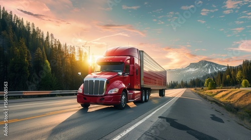 Red truck on highway with mountain landscape
