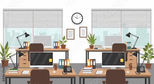 Adobe Illustrator vector flat style illustration of a spacious, modern open-plan office interior with multiple workstations, computers, and lush plants, designed for a productive work environment