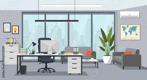 Adobe Illustrator vector flat style illustration of a spacious, modern open-plan office interior with multiple workstations, computers, and lush plants, designed for a productive work environment