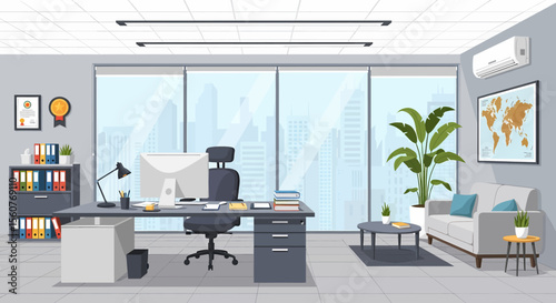 Adobe Illustrator vector flat style illustration of a spacious, modern open-plan office interior with multiple workstations, computers, and lush plants, designed for a productive work environment