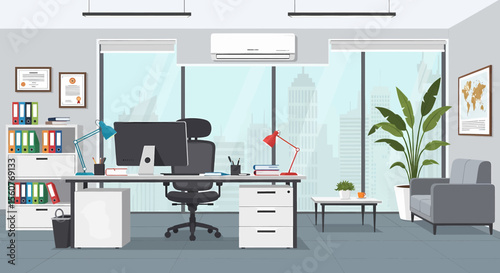 Adobe Illustrator vector flat style illustration of a spacious, modern open-plan office interior with multiple workstations, computers, and lush plants, designed for a productive work environment