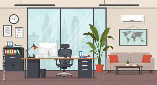 Adobe Illustrator vector flat style illustration of a spacious, modern open-plan office interior with multiple workstations, computers, and lush plants, designed for a productive work environment
