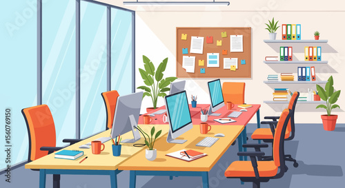 Adobe Illustrator vector flat style illustration of a spacious, modern open-plan office interior with multiple workstations, computers, and lush plants, designed for a productive work environment