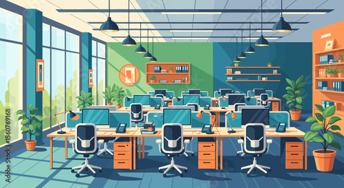 Adobe Illustrator vector flat style illustration of a spacious, modern open-plan office interior with multiple workstations, computers, and lush plants, designed for a productive work environment