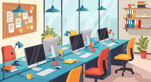 Adobe Illustrator vector flat style illustration of a spacious, modern open-plan office interior with multiple workstations, computers, and lush plants, designed for a productive work environment