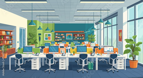 Adobe Illustrator vector flat style illustration of a spacious, modern open-plan office interior with multiple workstations, computers, and lush plants, designed for a productive work environment