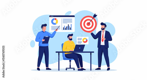 Adobe Illustrator vector flat style illustration of a business team hitting their target with a successful presentation, showcasing strategic planning and data-driven results in the office