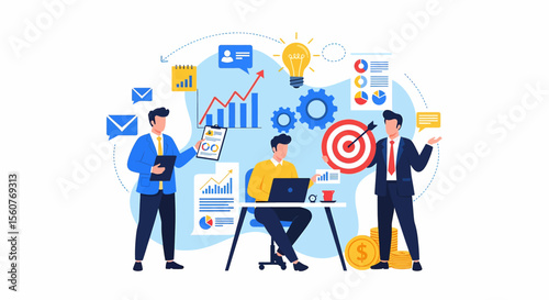 Adobe Illustrator vector flat style illustration of a business team hitting their target with a successful presentation, showcasing strategic planning and data-driven results in the office