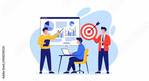 Adobe Illustrator vector flat style illustration of a business team hitting their target with a successful presentation, showcasing strategic planning and data-driven results in the office