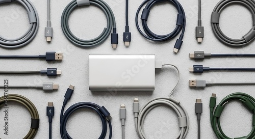 Minimalist flat lay of modern mobile accessories. Neatly coiled charging cables and a sleek aluminum power bank are arranged on a soft felt surface for a clean, organized, and technical aesthetic.