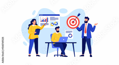 Adobe Illustrator vector flat style illustration of a business team hitting their target with a successful presentation, showcasing strategic planning and data-driven results in the office