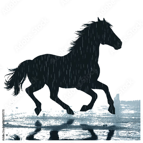 Silhouette of a Horse Galloping Through Rain or Water Artistic Illustration