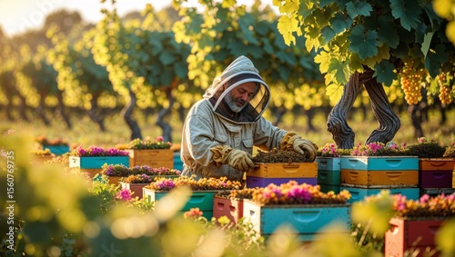 A beekeeper works amidst a vineyard, tending to beehives and enjoying the sunny day.