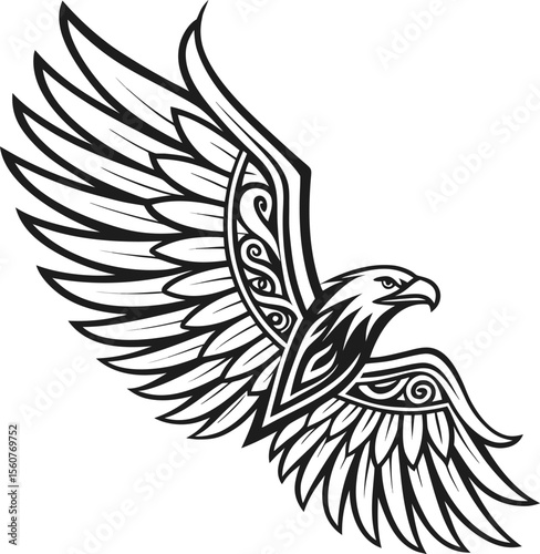 Sharp symmetrical tribal wing design with intricate detailing suitable for graphic design tattoos and decorative elements