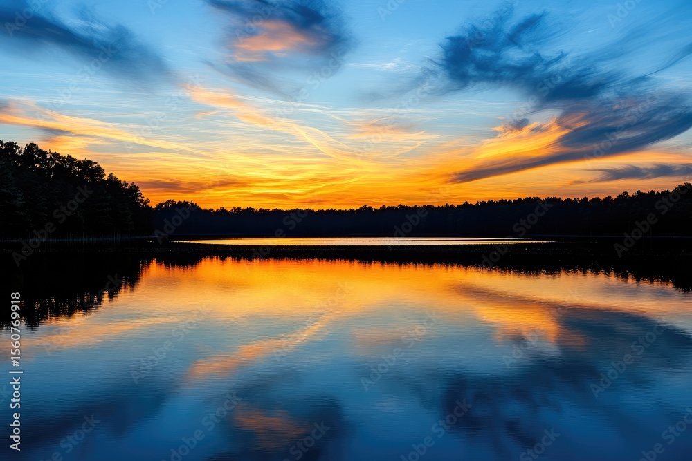 Obraz premium Serene lake at sunset. Reflections of a vibrant sunset sky on the still water, showcasing clouds in orange, yellow, and blue hues. Dark silhouettes of trees line the shore
