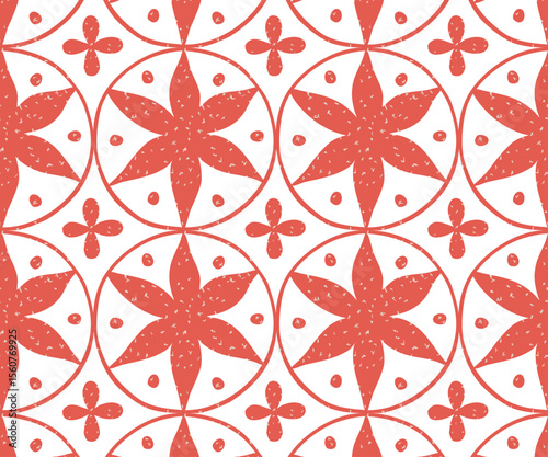 Red floral geometric seamless pattern with circles and petals, hand-drawn textured style, vector on cream background. Perfect for fabric, wrapping paper, wallpapers, branding, digital designs.
