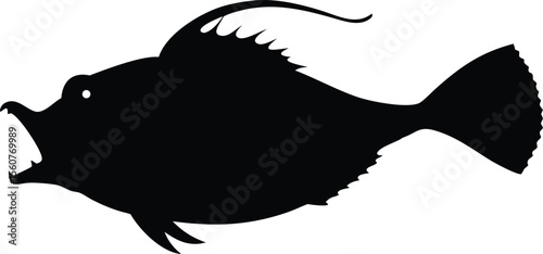 Black silhouette of a marine fish with open mouth and distinctive fins