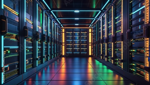 Inside a modern data center with servers illuminated by neon lights