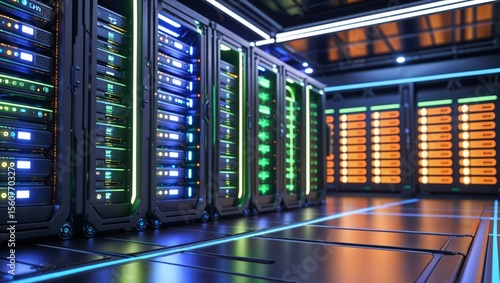 Illuminated server room showcasing modern IT infrastructure for data processing and storage.