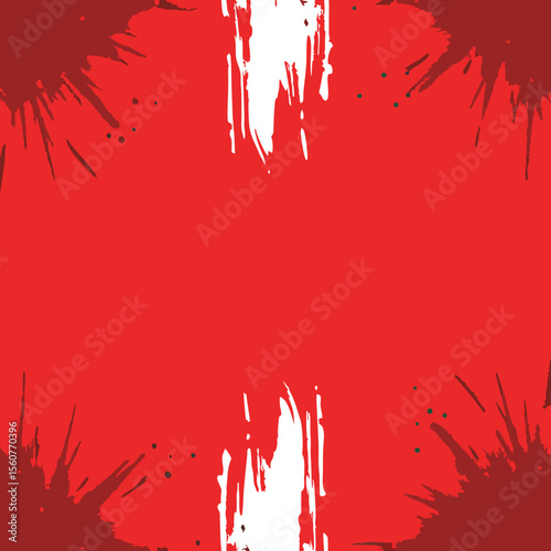 Bold red abstract background with paint splatters and minimalist composition
