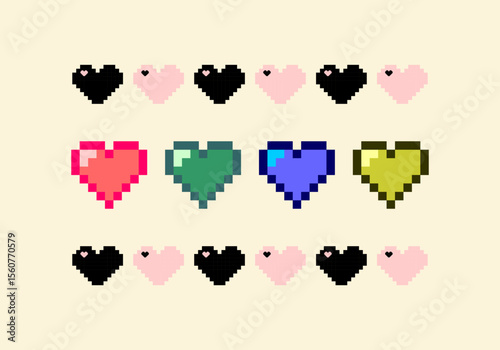 Pixel Art Heart Icons Collection in Multiple Colors for Game Life UI Retro Style Health Bar and Love Symbol Design Assets