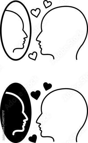 Ego Icons. Black and White Vector Illustration. Man Admiring Himself In The Mirror. Self-Confidence, Narcissism, Mental Health. Concept Psychology