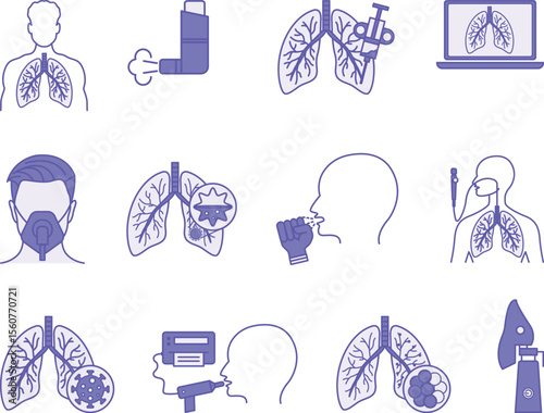Colored Lung Disease Icon Set. Vector Illustrations Lung, Lung Biopsy, Inhaler, Lung Screening, Oxygen Mask, Nebulizer, Bronchial Asthma, Spirometry, COPD, Pneumonia, Bronchoscopy, and Cough