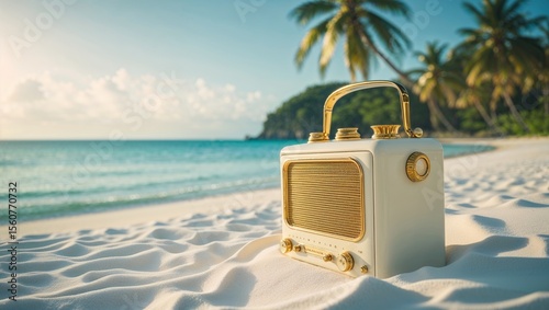 A vintage radio on a sandy beach, perfect for summer relaxation and listening to music by the ocean.