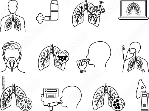 Lung Disease Icon Set. Vector Illustrations Lung, Lung Biopsy, Inhaler, Lung Screening, Oxygen Mask, Nebulizer, Bronchial Asthma, Spirometry, COPD, Pneumonia, Bronchoscopy, and Cough