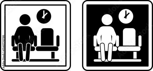 Waiting Area Signs. Black And White Vector Illustrations. Waiting Area For Doctor's Appointment. Man Sits And Waits For His Time. Hospital Department Sign