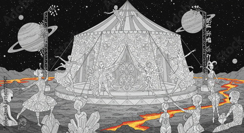 Cosmic Circus A Surreal Illustration of Dancers on a Volcanic Planet
