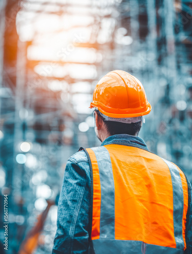 Construction worker surveying the site with determination in a modern environment